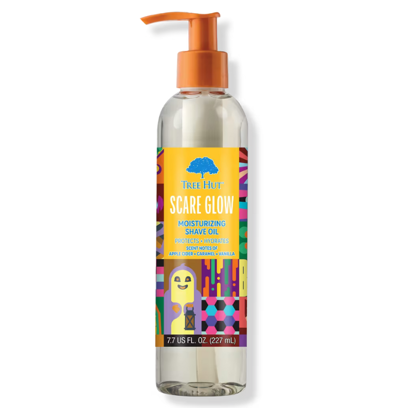 Tree Hut Scare Glow Moisturizing Shave Oil with notes of apple cider, caramel, and vanilla; protects and hydrates, 7.7 fl oz (227 mL).