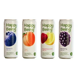 Four cans of \“Happy Being\“ white tea are shown in flavors: Blueberry, Peach, Raspberry Lemon, and Blackberry, each stating \“supports daily wellness\“ with zero caffeine and 3g of some ingredient.