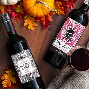 Two bottles of red wine are displayed among autumn leaves and a pumpkin, with one bottle opened and a glass of red wine alongside.