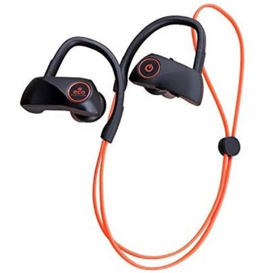Black and orange wireless sports earphones with over-ear hooks and adjustable cord, featuring power and eco buttons on the earpieces.