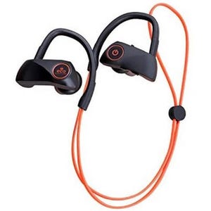 Black and orange wireless sports earphones with over-ear hooks and adjustable cord, featuring power and eco buttons on the earpieces.