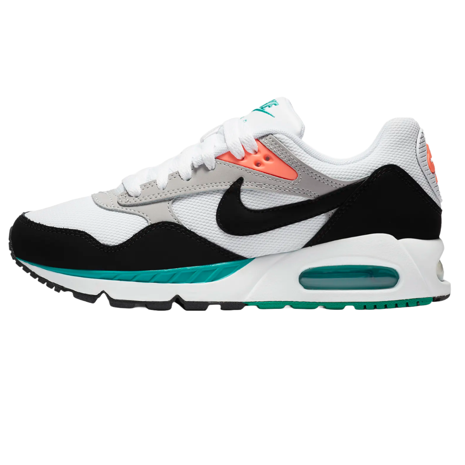 Nike Women's Air Max Correlate Shoes feature a white mesh upper with black, gray, and teal accents, a prominent black Swoosh, and visible Air Max cushioning in the sole for comfort and style.