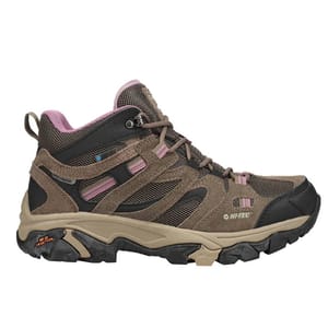 Hi-Tec Apex Hiking Boots feature a rugged design with brown and pink accents, durable mesh and suede construction, a high-traction outsole, and a padded interior for comfort.