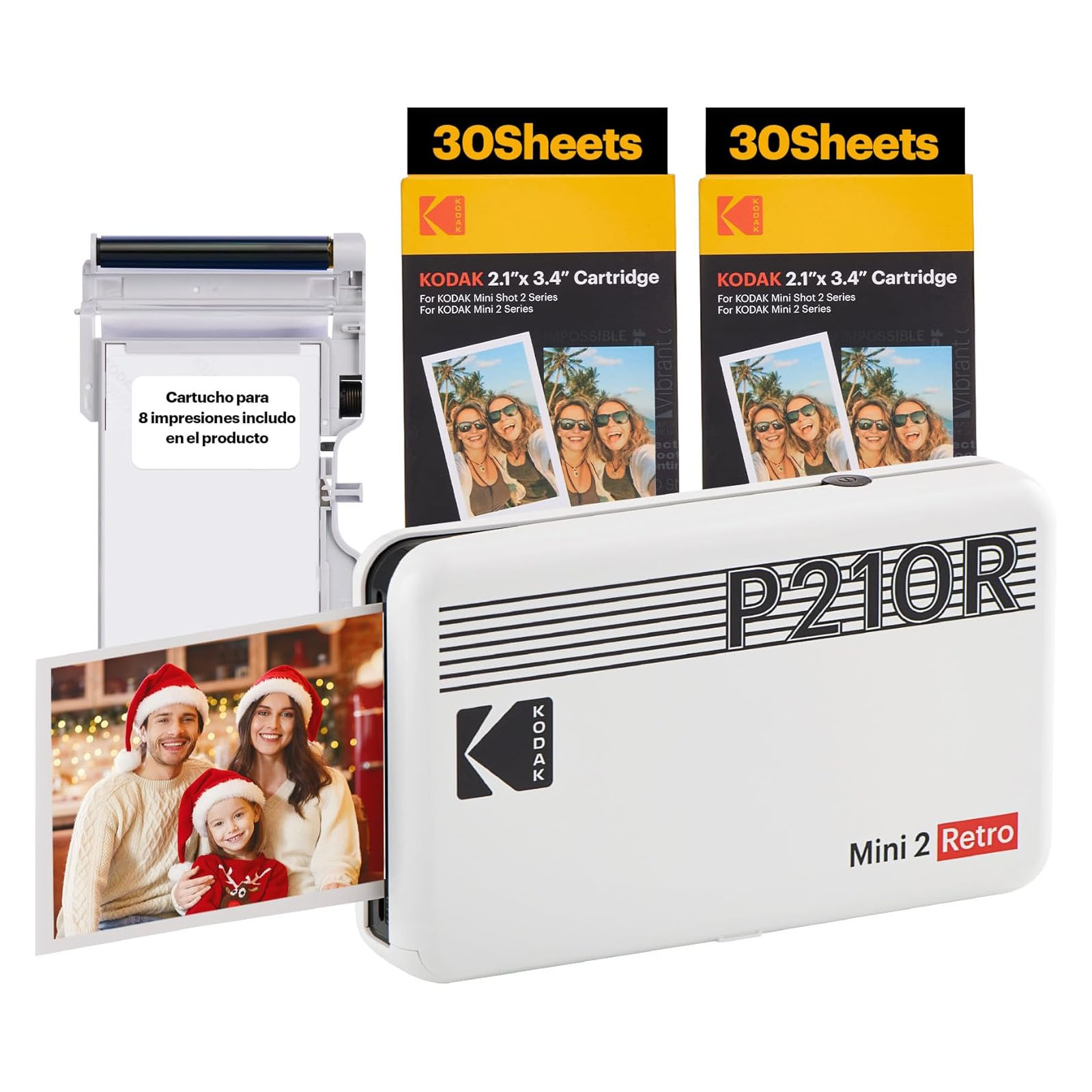 Kodak Retro Mini 2 Photo Printer with two packs of 30 sheets (2.1\“ x 3.4\“ cartridge) each for printing photos. Includes a cartridge for 8 additional prints. Features a printed photo of a family on glossy paper.