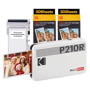 Kodak Retro Mini 2 Photo Printer with two packs of 30 sheets (2.1\“ x 3.4\“ cartridge) each for printing photos. Includes a cartridge for 8 additional prints. Features a printed photo of a family on glossy paper.