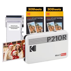 Kodak Retro Mini 2 Photo Printer with two packs of 30 sheets (2.1\“ x 3.4\“ cartridge) each for printing photos. Includes a cartridge for 8 additional prints. Features a printed photo of a family on glossy paper.