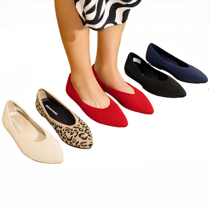 Five pairs of pointed-toe ballerina flats in various colors and patterns, including beige, leopard print, red, black, and navy, are shown with a person wearing the red option.