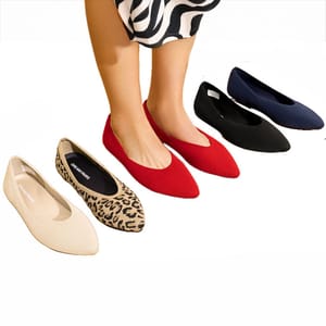 Five pairs of pointed-toe ballerina flats in various colors and patterns, including beige, leopard print, red, black, and navy, are shown with a person wearing the red option.