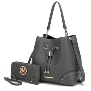 A gray bucket bag with gold hardware and a matching wallet featuring a circular emblem. Both items have decorative gold studs.