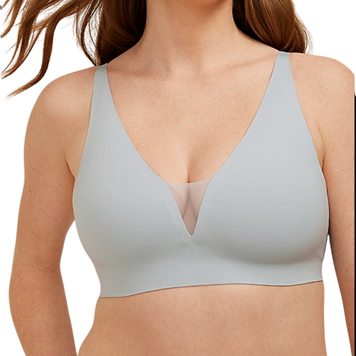 A light gray wireless bra with a deep V-neck and mesh detail in the front, designed for comfort and support.