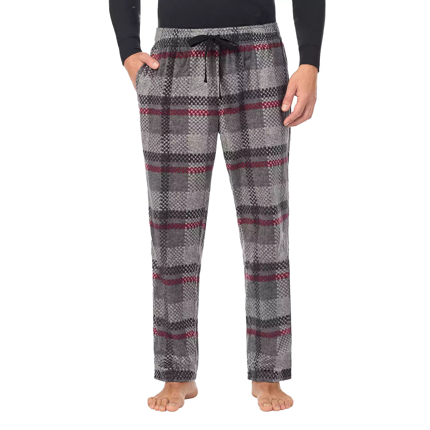 Gray and red plaid fleece pajama pants with an elastic waistband, drawstring, and side pockets.