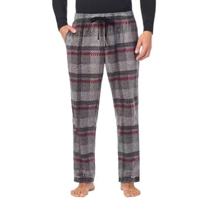Gray and red plaid fleece pajama pants with an elastic waistband, drawstring, and side pockets.