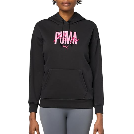 Black Puma hoodie featuring a pink logo on the chest, paired with gray leggings.