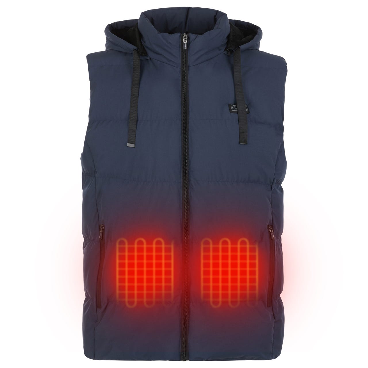 A navy blue unisex heated vest with a hood and visible glowing heating elements around the lower front area.