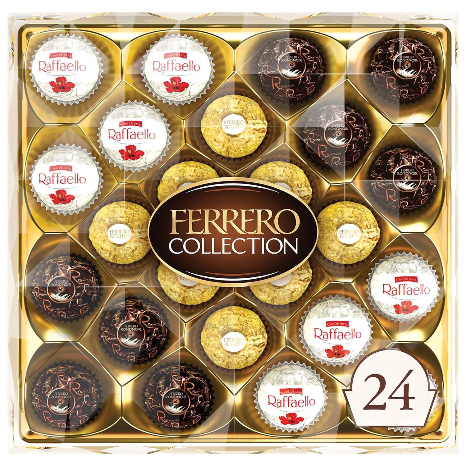 The Ferrero Collection 24ct includes an assortment of chocolates: Ferrero Rocher, Raffaello, and Rondnoir, arranged in a gold and clear plastic box with a decorative label.