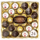 The Ferrero Collection 24ct includes an assortment of chocolates: Ferrero Rocher, Raffaello, and Rondnoir, arranged in a gold and clear plastic box with a decorative label.