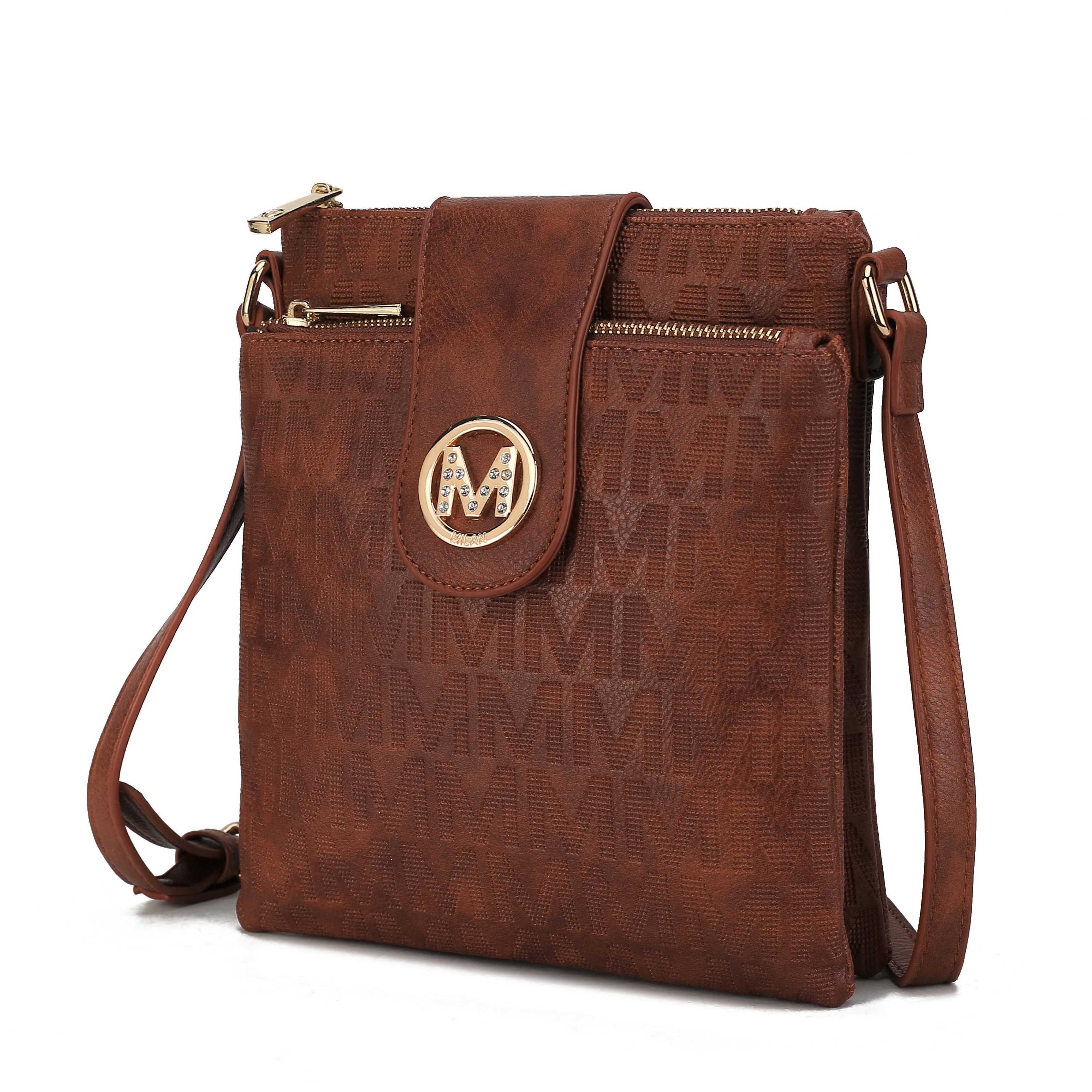 Brown crossbody bag with adjustable strap, zipper pocket, and front flap with gold M logo. Embossed with a repeating M pattern.