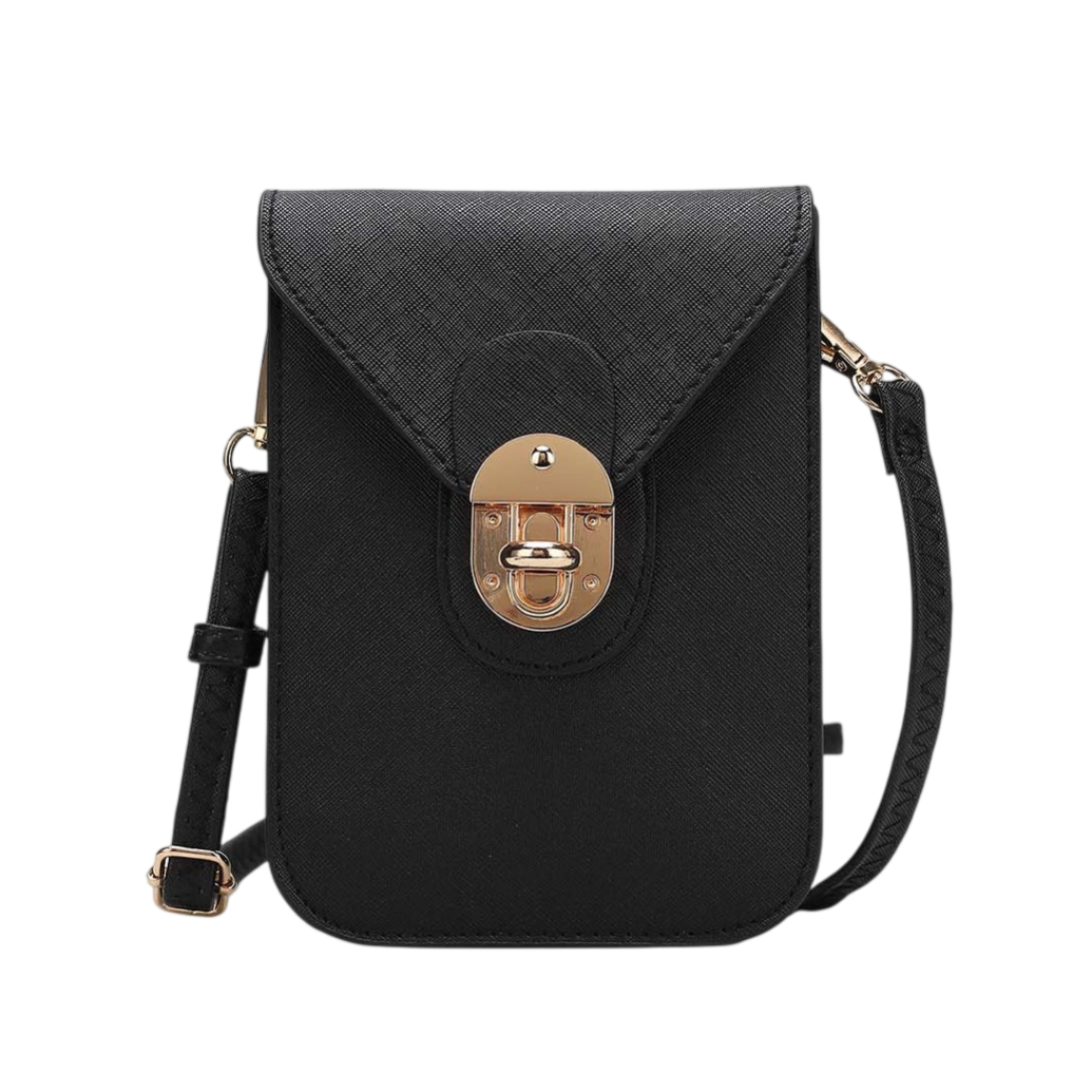 A small black crossbody bag with a textured finish, featuring a gold-tone clasp and adjustable strap.