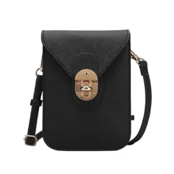 A small black crossbody bag with a textured finish, featuring a gold-tone clasp and adjustable strap.