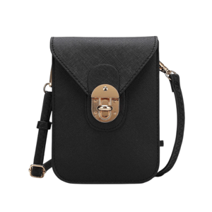 A small black crossbody bag with a textured finish, featuring a gold-tone clasp and adjustable strap.