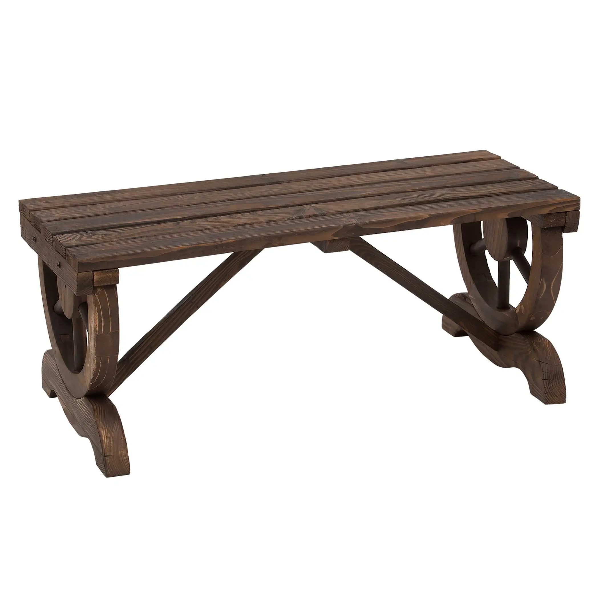 A rustic outdoor wooden bench designed to resemble a wagon, featuring a slatted seat and distinctive circular wheel-style legs, crafted in dark wood for a vintage look.