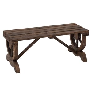 A rustic outdoor wooden bench designed to resemble a wagon, featuring a slatted seat and distinctive circular wheel-style legs, crafted in dark wood for a vintage look.