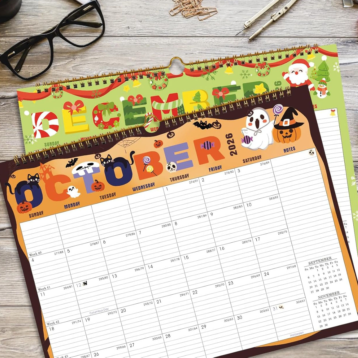 A colorful wall calendar shows October 2026 with Halloween-themed designs. The next page displays December, featuring Christmas motifs.