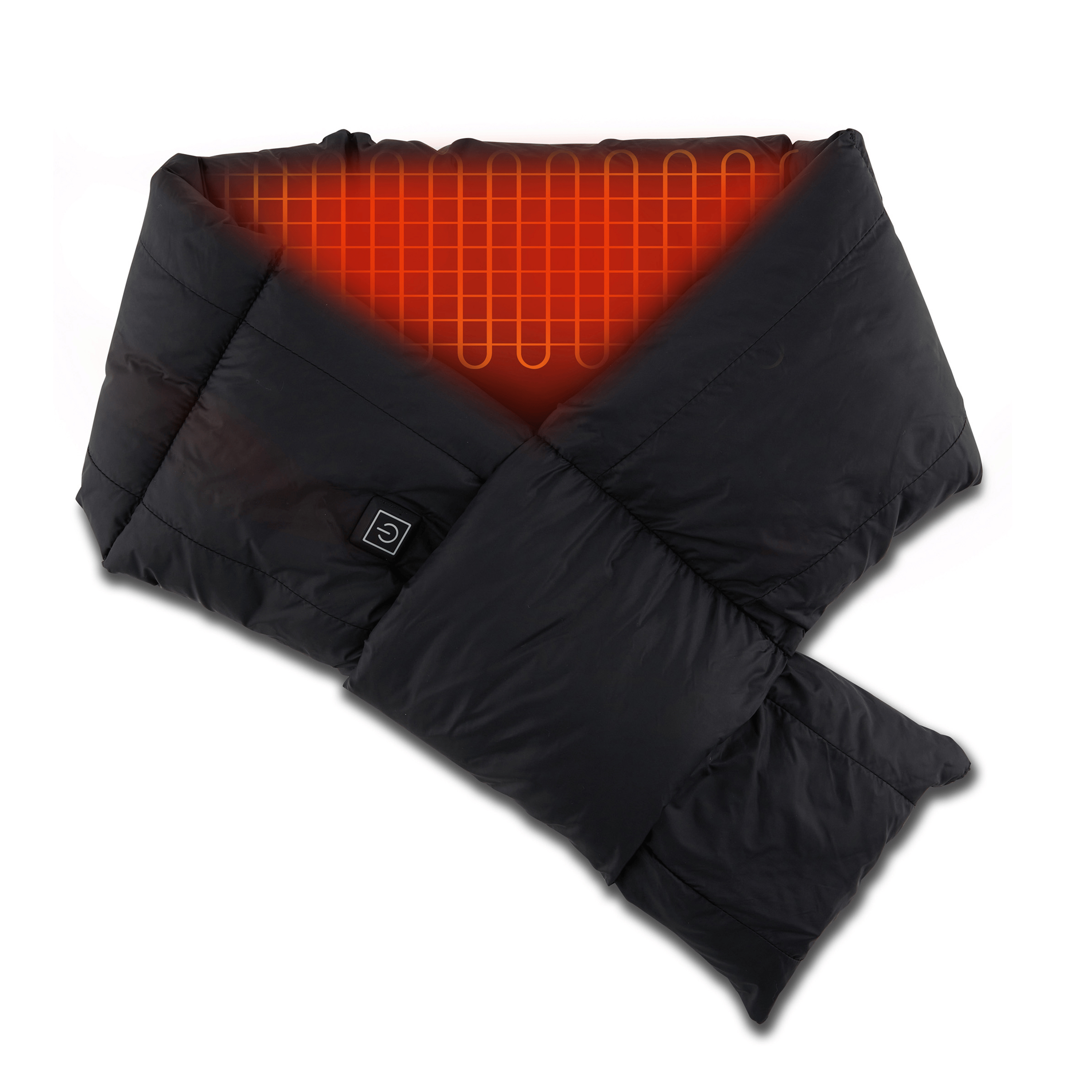 A black heated scarf with an integrated heating element and a button control for adjustable warmth.