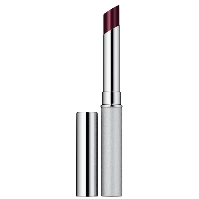 A sleek, silver cylindrical lipstick case with a deep burgundy lipstick extended and the cap placed beside it.
