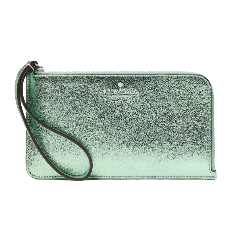 Metallic green wristlet with a wrist strap and zippered closure, featuring the Kate Spade logo on the front.