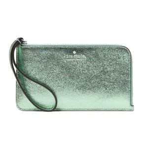 Metallic green wristlet with a wrist strap and zippered closure, featuring the Kate Spade logo on the front.