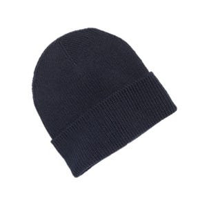 A black knitted beanie hat with a folded brim.