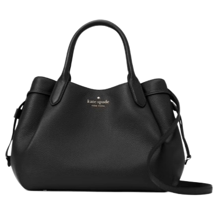 A black Kate Spade New York handbag with dual handles and a detachable shoulder strap, featuring a pebbled leather texture.