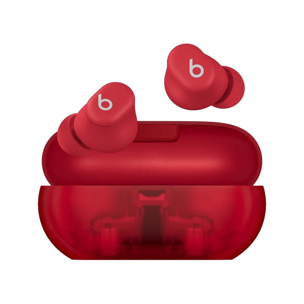 Red wireless earbuds with a charging case, featuring a \“b\“ logo on both earbuds and the case.