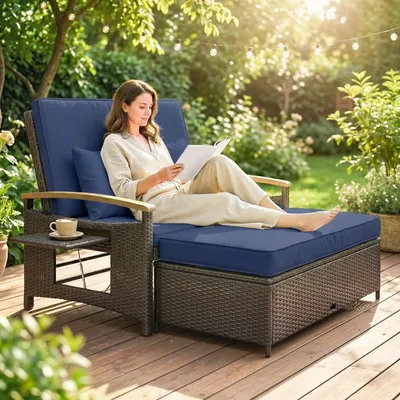 A person relaxes on a large outdoor wicker lounge chair with blue cushions, accompanied by a small side table holding a coffee cup. The setting is a lush garden with string lights overhead.