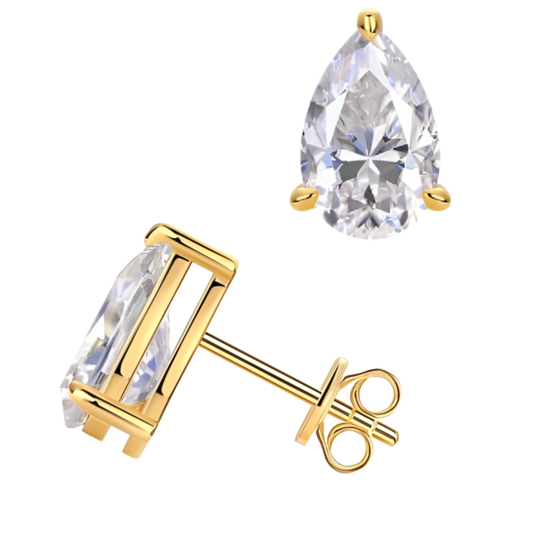 Gold stud earrings featuring pear-shaped white topaz gemstones, set in a prong setting with push-back closures.