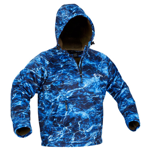 A blue camouflage hooded jacket with water-like patterns, featuring a front zipper and a large pocket.
