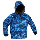 A blue camouflage hooded jacket with water-like patterns, featuring a front zipper and a large pocket.
