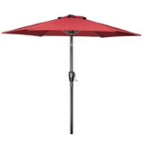 A red patio umbrella with a crank handle for easy opening and closing.
