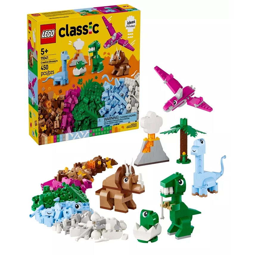 LEGO Classic Creative Dinosaurs set, designed for ages 5+, includes 450 pieces to build colorful dinosaurs, a volcano, and a palm tree.