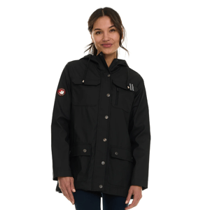 A person wearing a black jacket with a hood, button-up front, and pockets. The jacket features a circular patch on the arm.