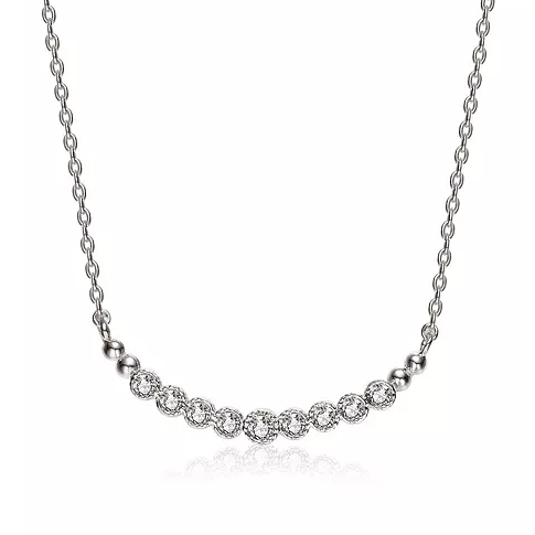 Sterling Silver Necklace features a row of bezel-set cubic zirconia stones on a delicate chain, offering a simple yet elegant look.