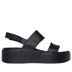 Black Skechers Foamies Arch Fit Sandals featuring a two-strap design with a thick platform sole and an adjustable heel strap for support and comfort.