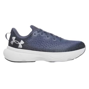 Under Armour running shoe in blue with white logo and cushioned white sole.