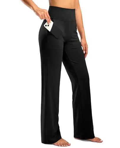 Black high-waisted yoga pants with wide legs, featuring a side pocket holding a smartphone.