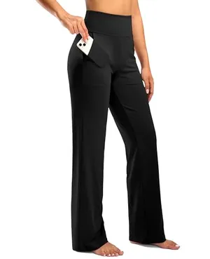 Black high-waisted yoga pants with wide legs, featuring a side pocket holding a smartphone.
