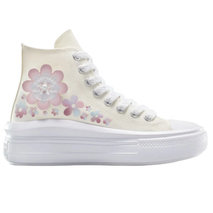 A high-top sneaker with a white canvas upper, decorated with pink and blue floral patterns, and featuring a thick white sole with textured detailing.