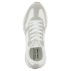 A white and light gray sneaker with white laces, featuring text on the insole that reads \“Perry Ellis Portfolio Ultra Foam.\“