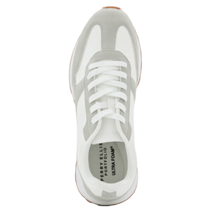 A white and light gray sneaker with white laces, featuring text on the insole that reads \“Perry Ellis Portfolio Ultra Foam.\“