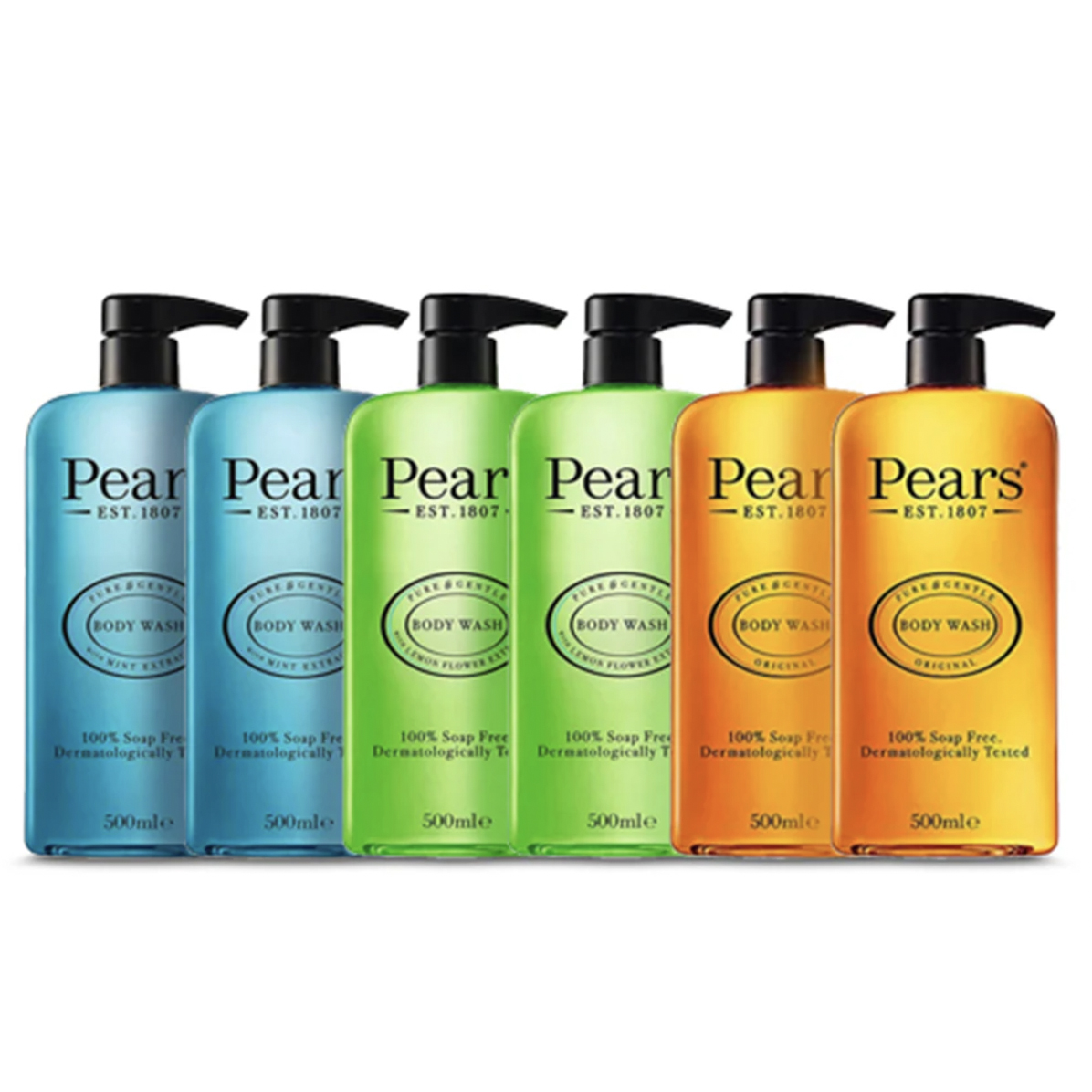 Six bottles of Pears body wash in various colors, each with a pump dispenser, labeled for 100% soap-free and dermatologically tested.